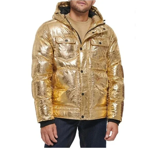 Levi’s Men’s Metallic Gold Bandana Puffer Jacket Hooded Down Insulated M $225 - Picture 1 of 6